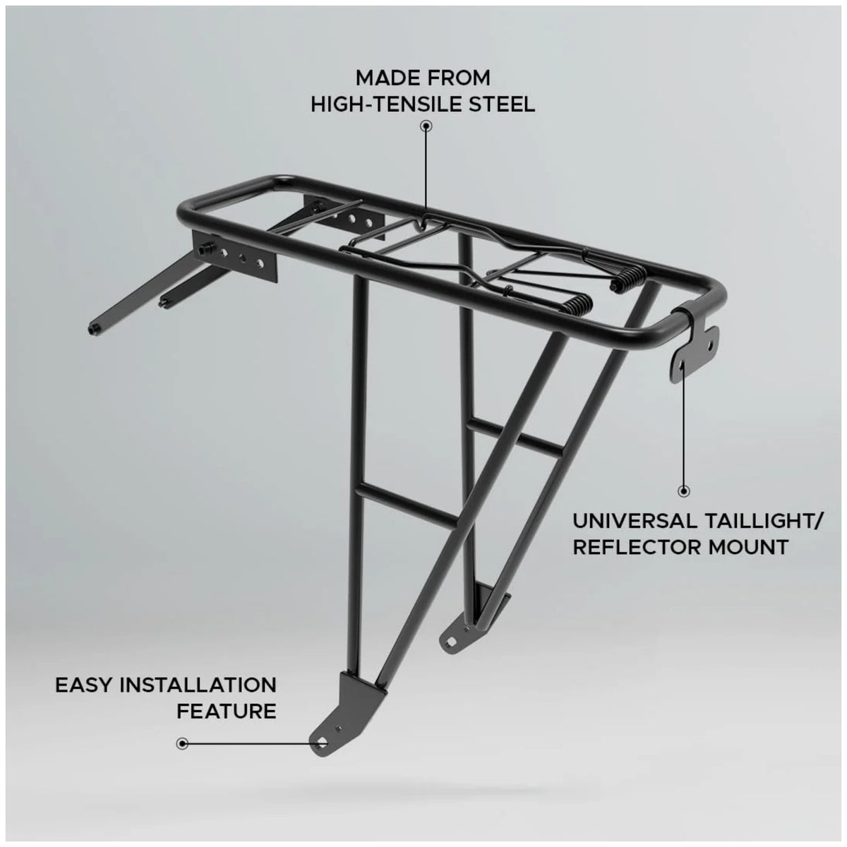 EMotorad steel cycle carrier with easy installation and universal taillight reflector mount