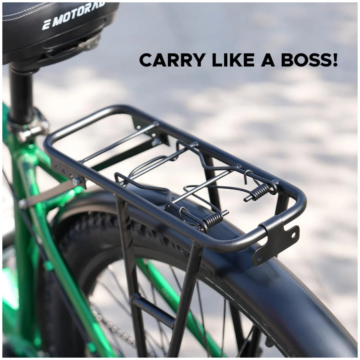 EMotorad cycle carrier installed on electric bicycle rear rack
