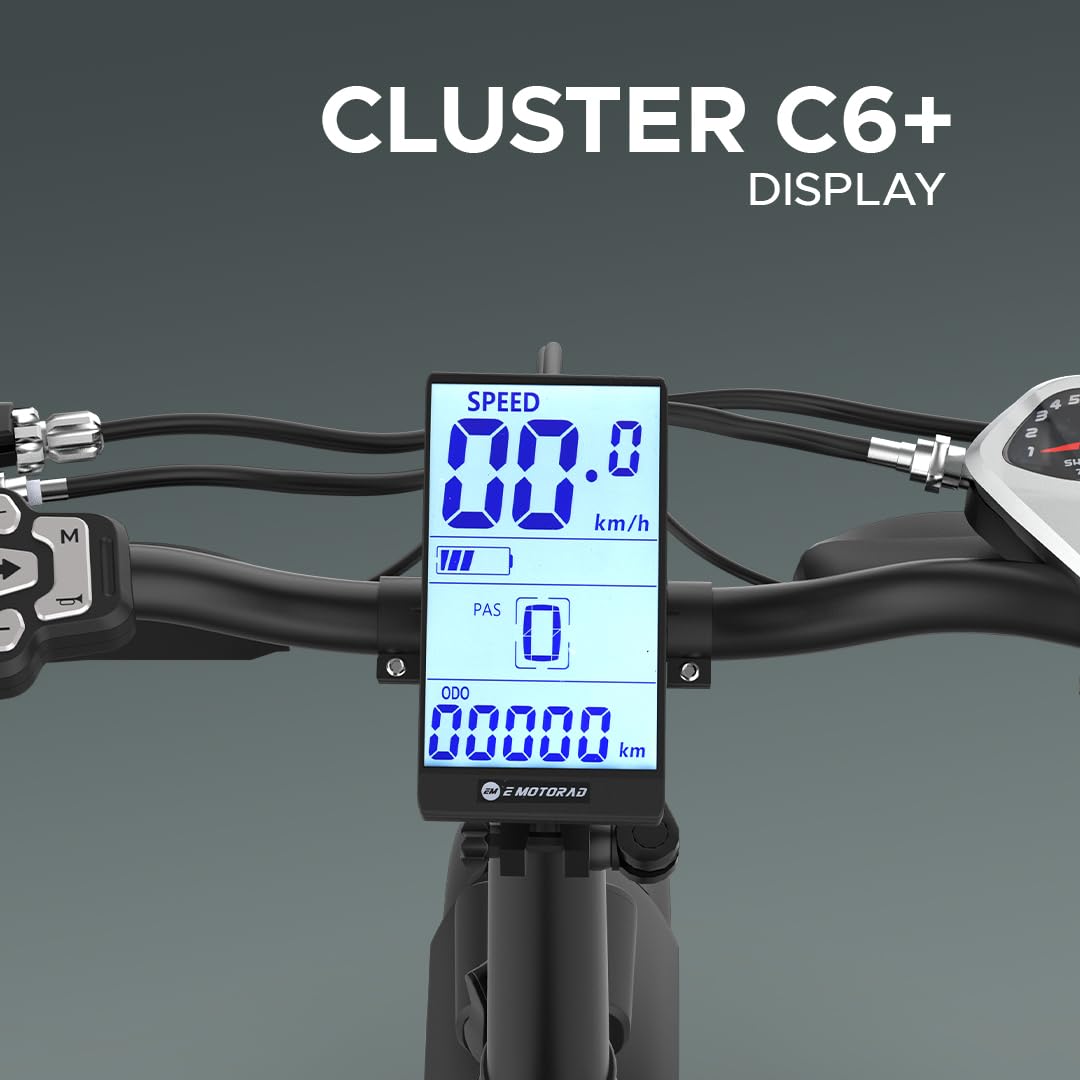 Cluster C6+ digital display of E Motorad Doodle Pro showing speed, pedal assist level, battery, and odometer on handlebar

