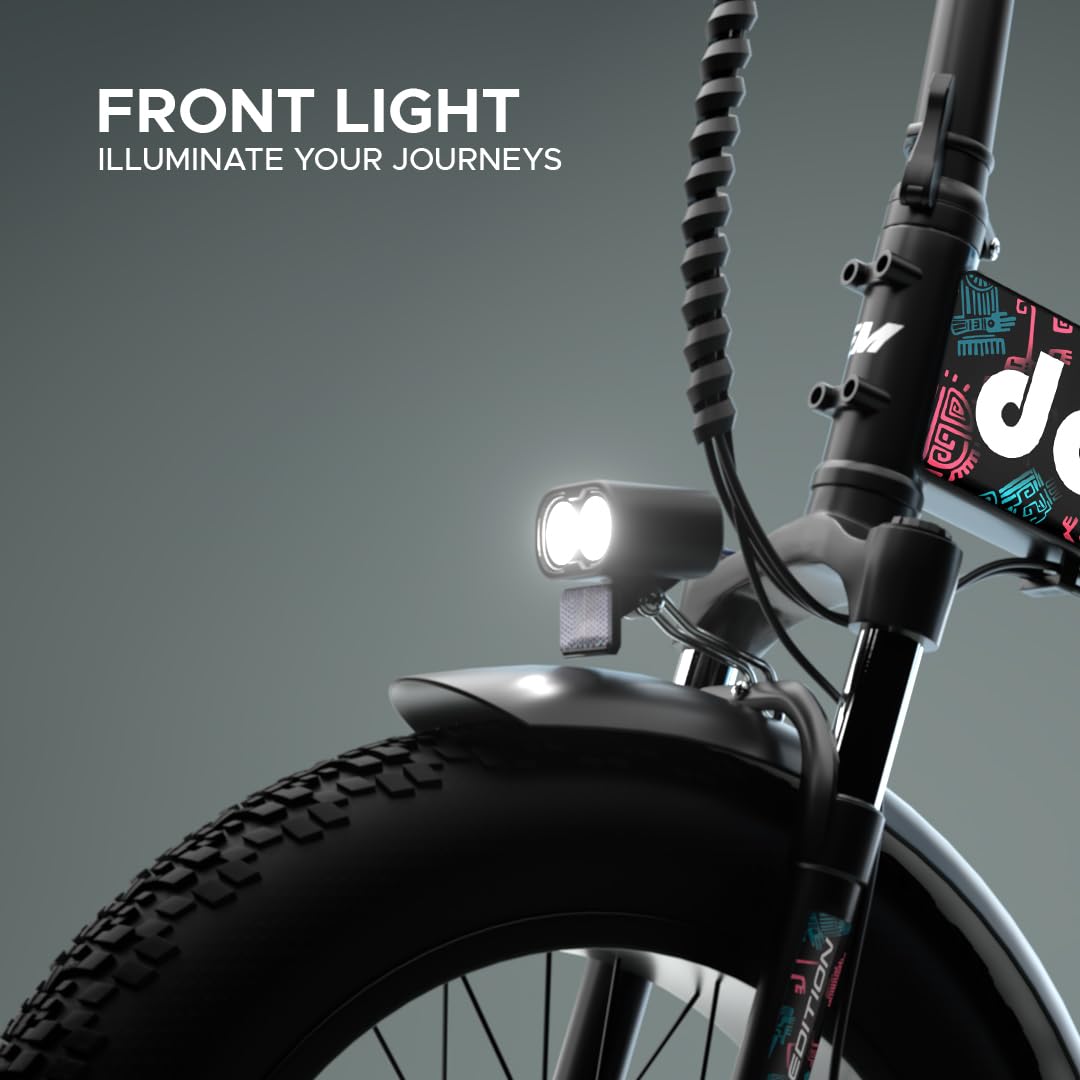 Front LED headlight of EMotorad Doodle Pro e-bike mounted on suspension fork for night rides

