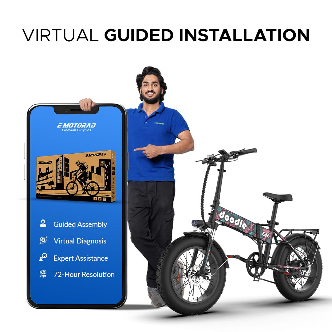 E Motorad Doodle Pro electric cycle with virtual guided installation support – expert assistance, assembly and diagnosis shown on mobile screen

