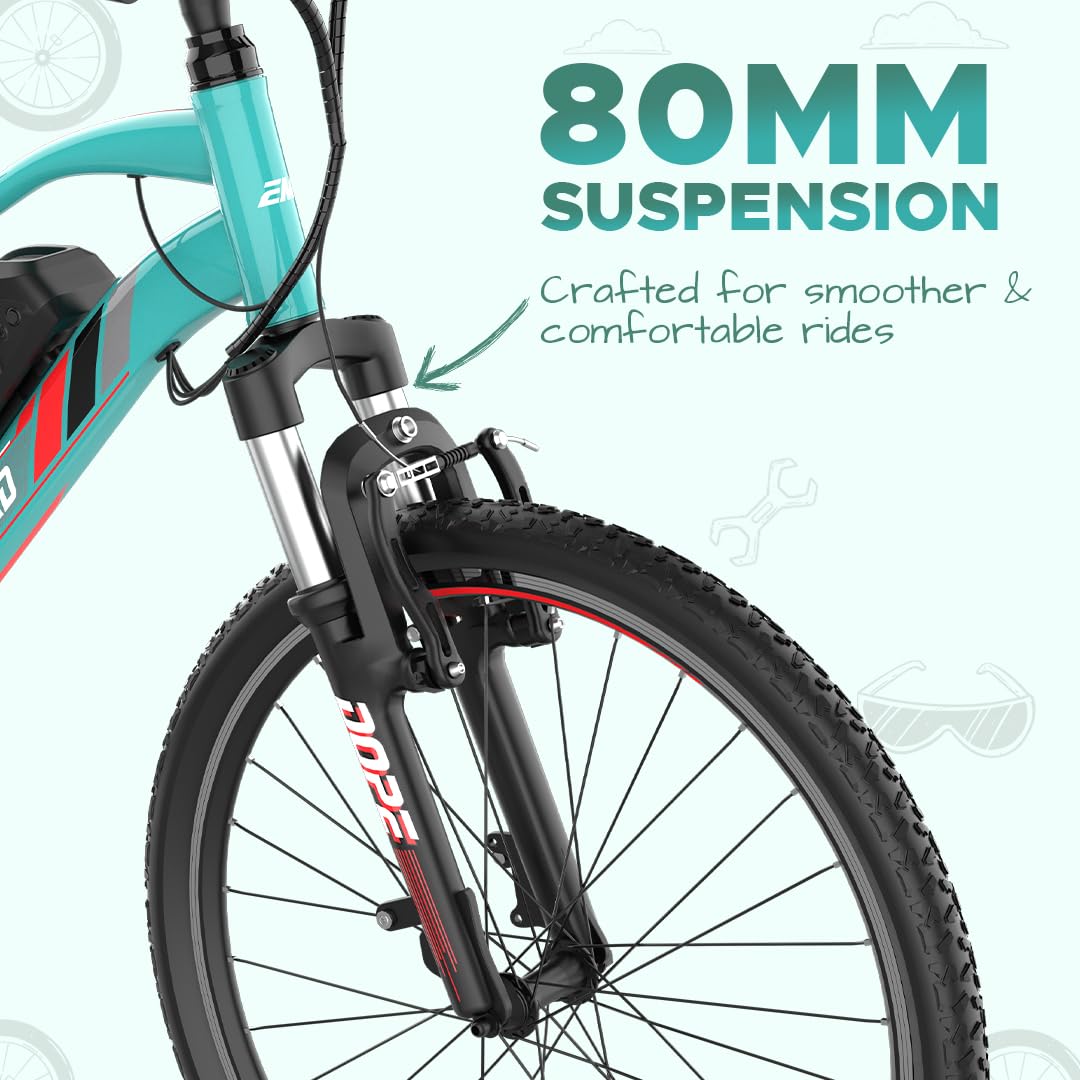 E Motorad Dope electric cycle with 80mm front suspension for smooth and comfortable rides
