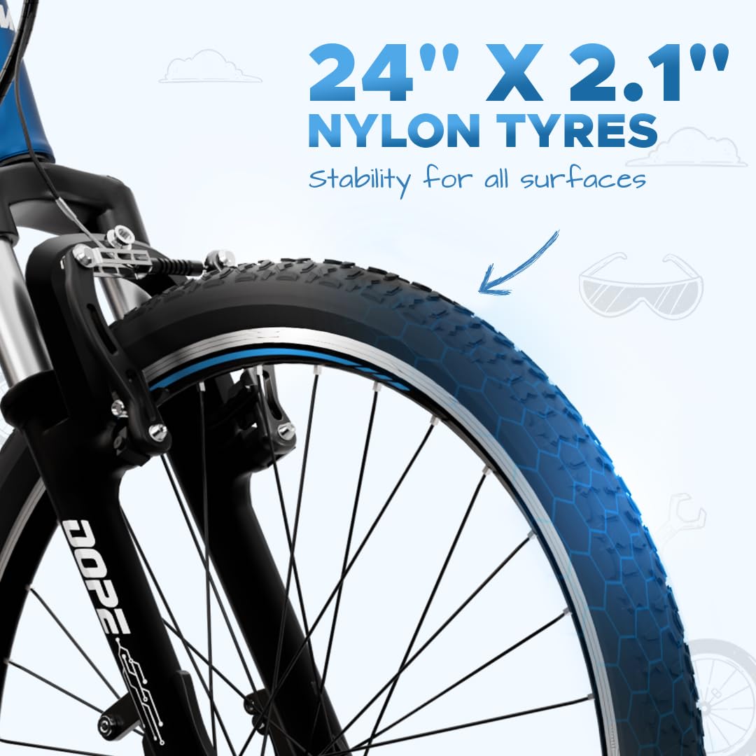 EMotorad Dope kids electric cycle midnight blue 24 inch nylon tyres close up