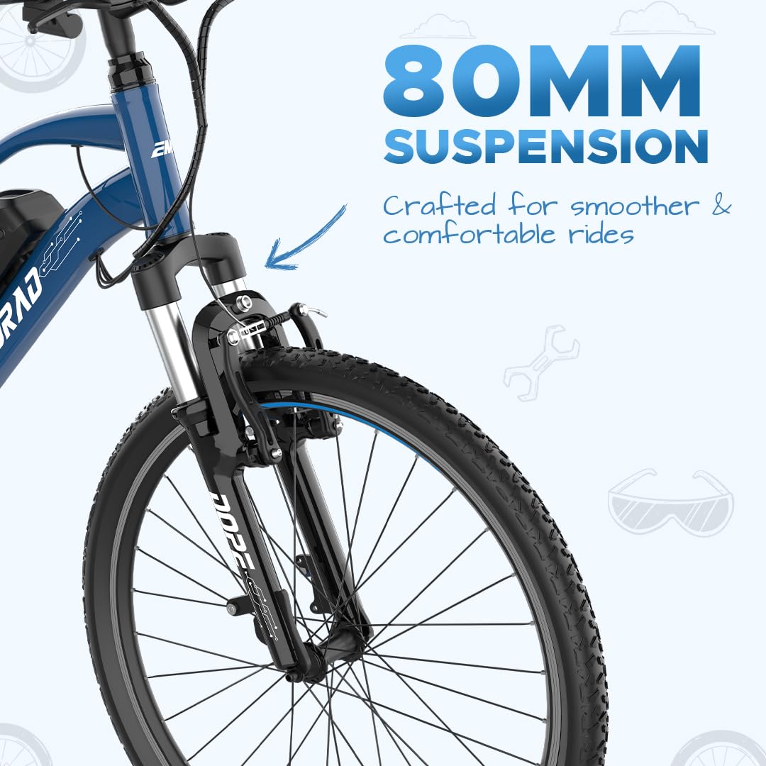 EMotorad Dope kids electric cycle midnight blue 80mm front suspension fork close up