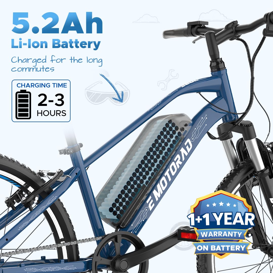 EMotorad Dope kids electric cycle midnight blue 5.2Ah removable lithium battery close up