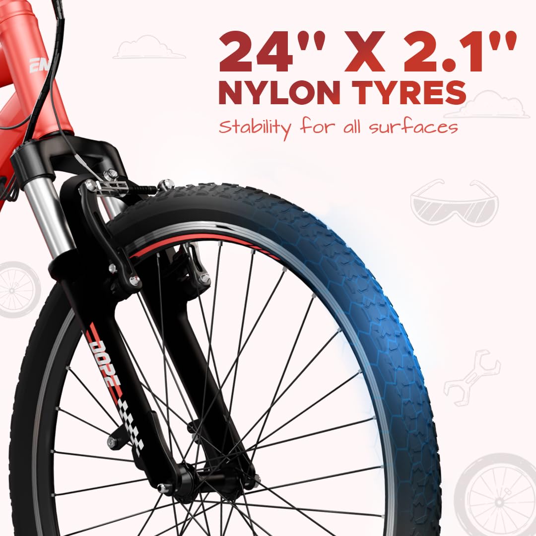 EMotorad Dope kids electric cycle red 24 inch nylon tyres close up