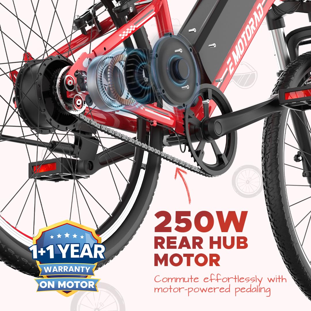 EMotorad Dope kids electric cycle red 250W rear hub motor close up