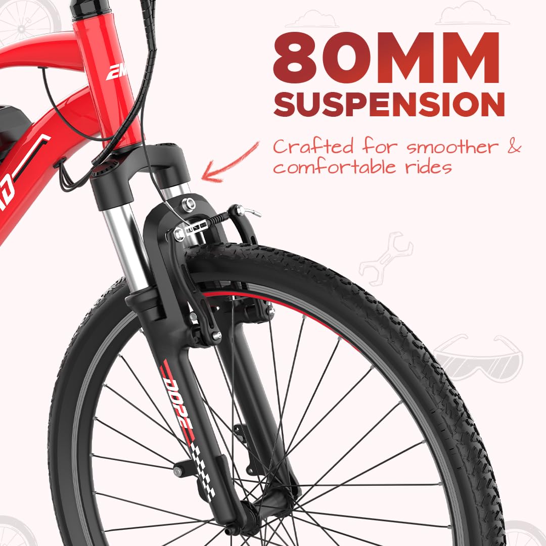 EMotorad Dope kids electric cycle red 80mm front suspension fork close up