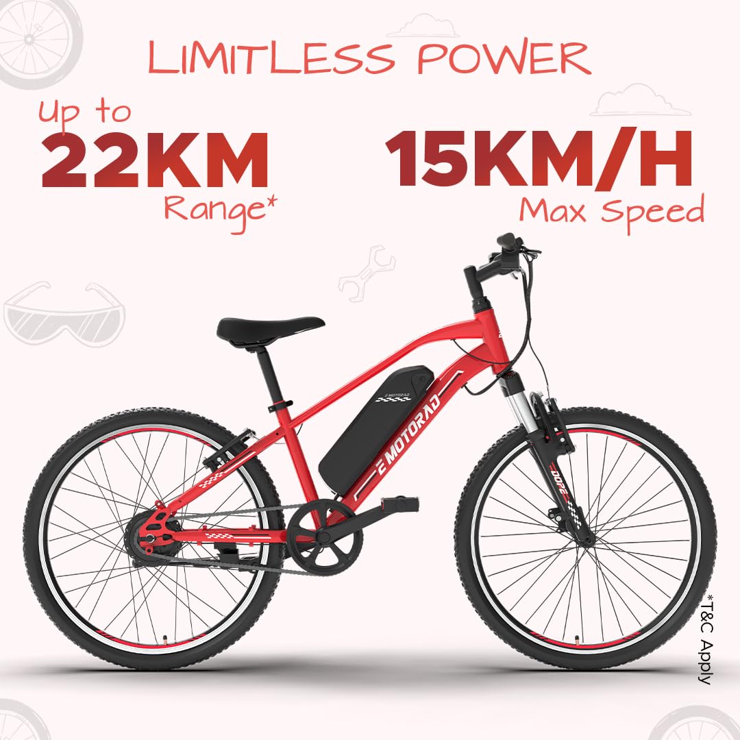 EMotorad Dope kids electric cycle red showing 22km range and 15km per hour speed