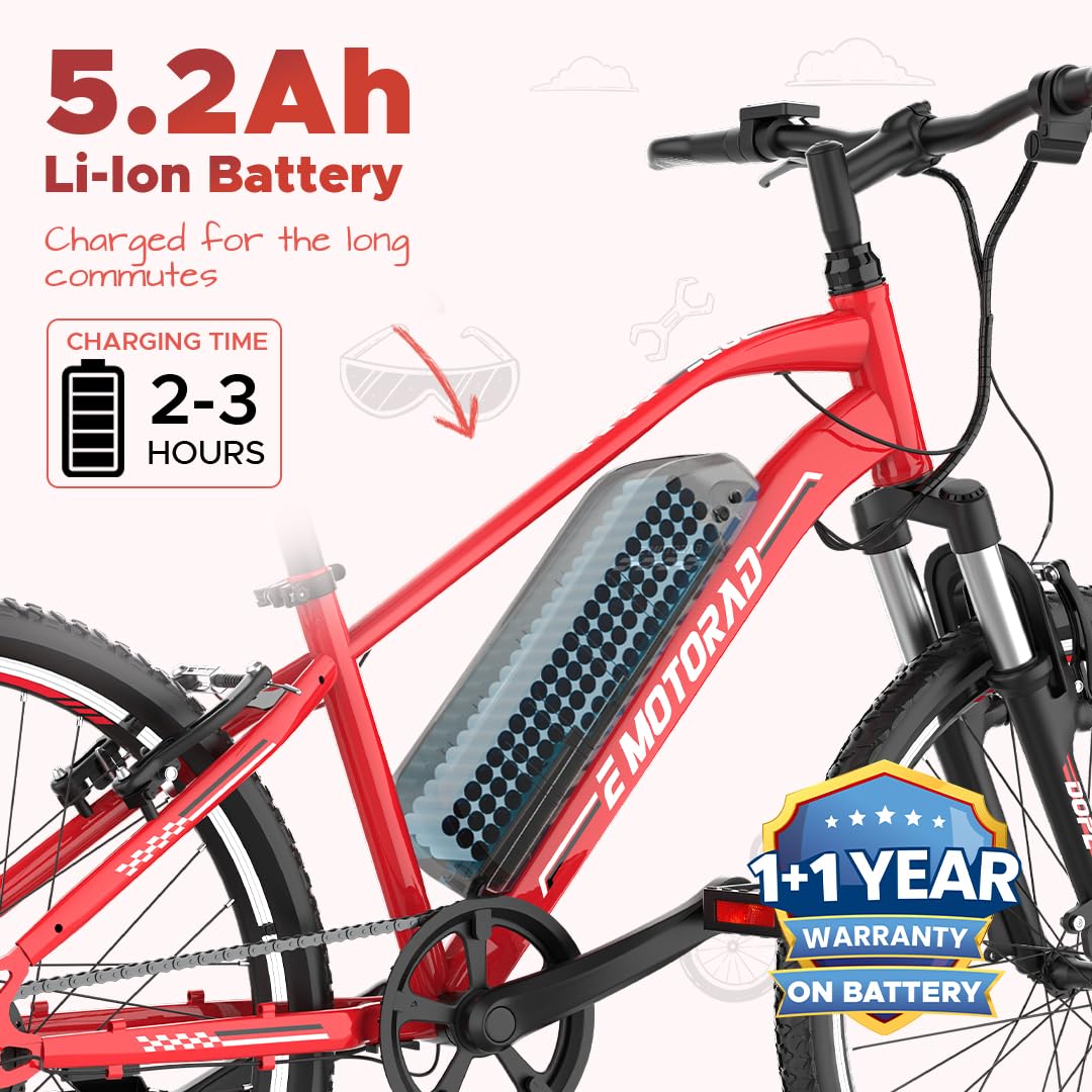 EMotorad Dope kids electric cycle red 5.2Ah removable lithium battery close up