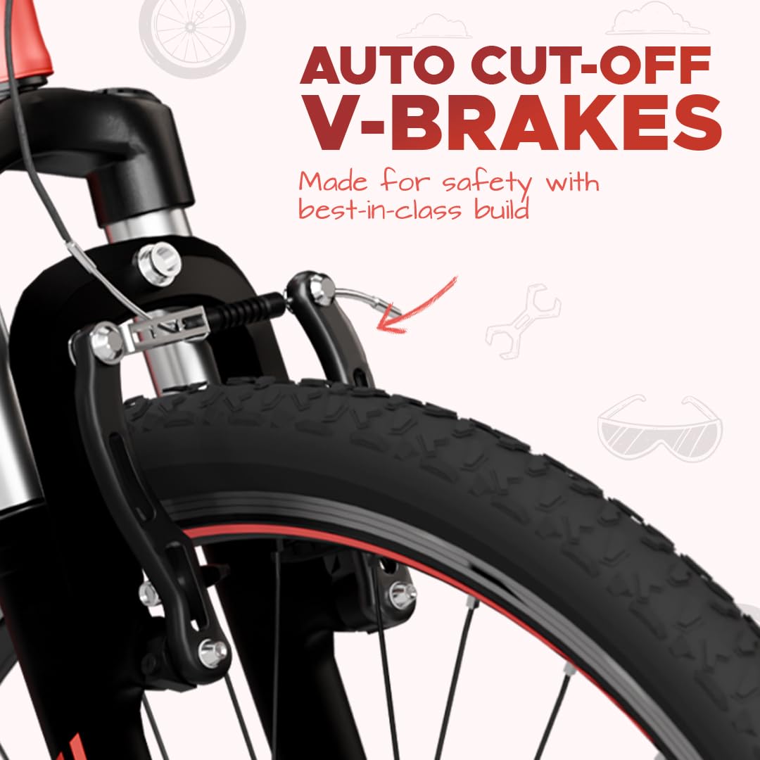 EMotorad Dope kids electric cycle red auto cut off V brakes front wheel close up