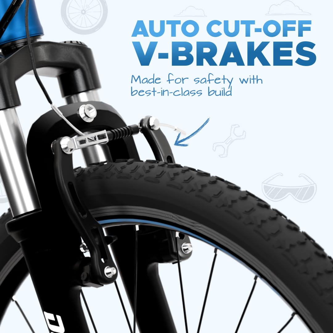 EMotorad Dope kids electric cycle midnight blue auto cut off V brakes front wheel close up