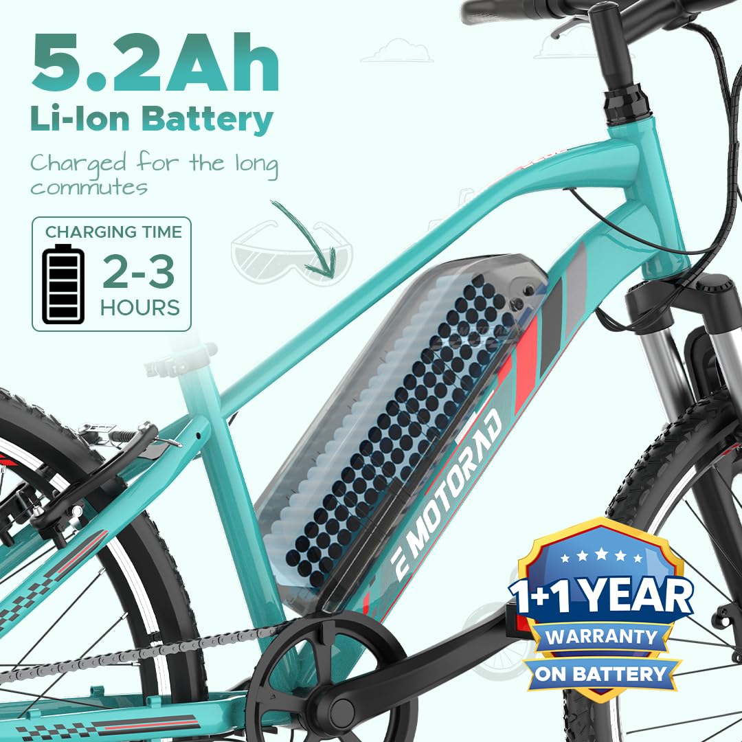 EMotorad electric cycle with 5.2Ah lithium-ion battery and fast 2–3 hour charging
