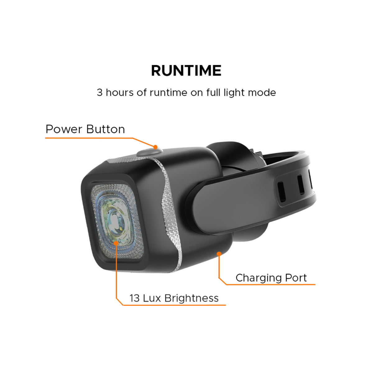 EMotorad Lumo cycle headlight with power button charging port and 13 lux brightness