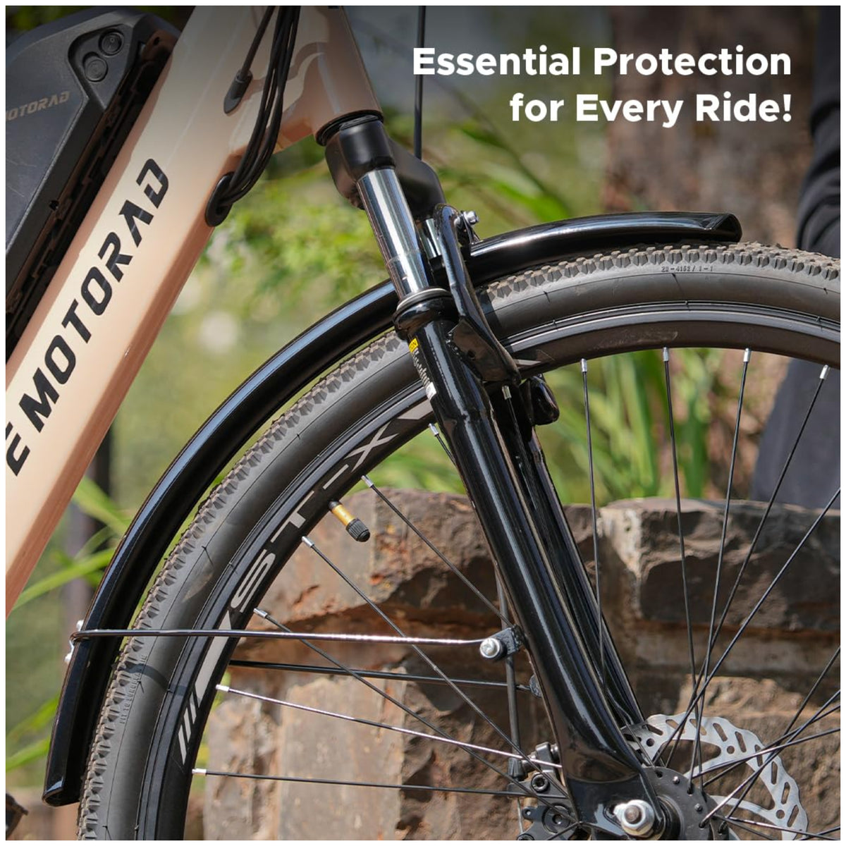 EMotorad metal mudguard fitted on front fork of bicycle