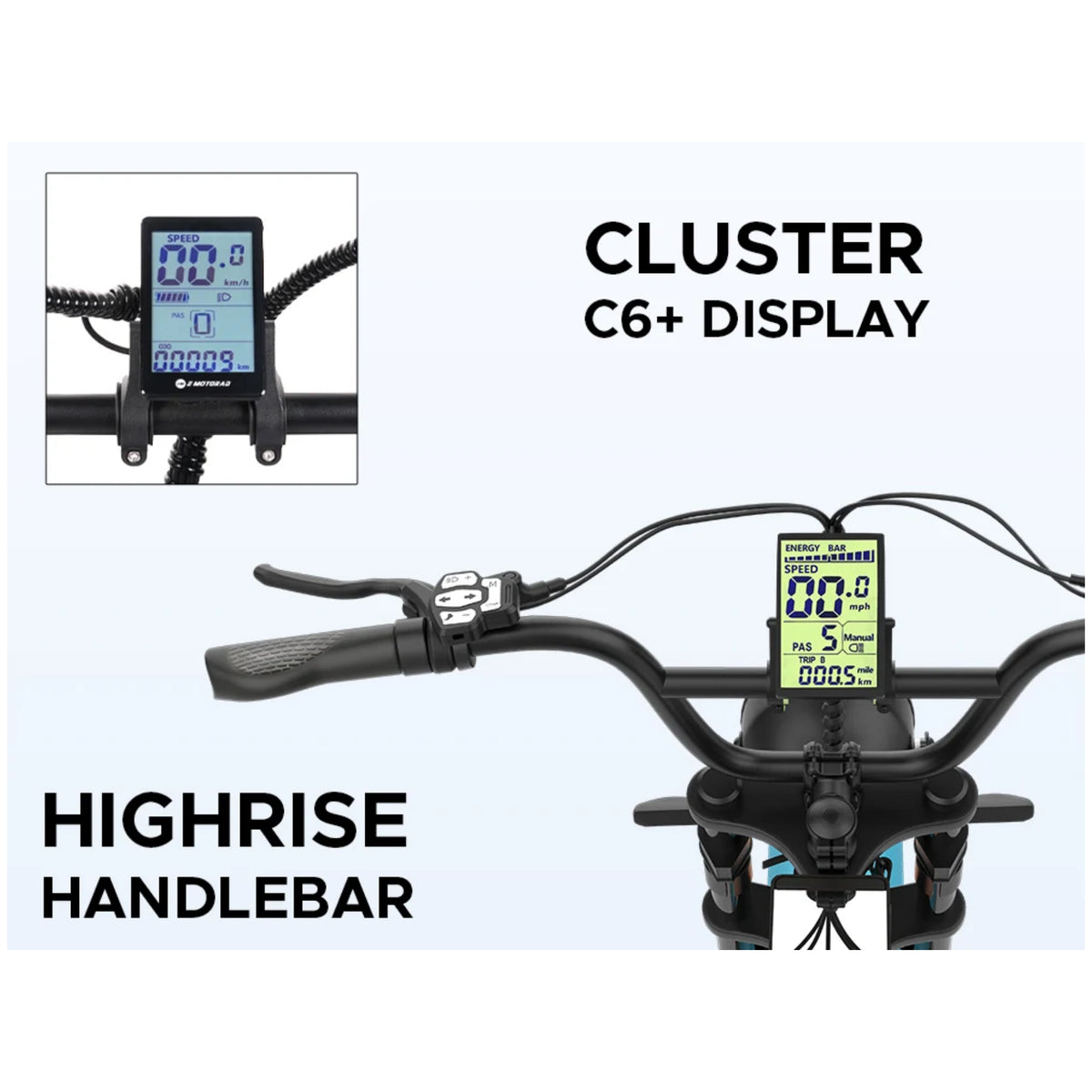 EMotorad Ranger blue e-bike C6 Plus display with high-rise handlebar