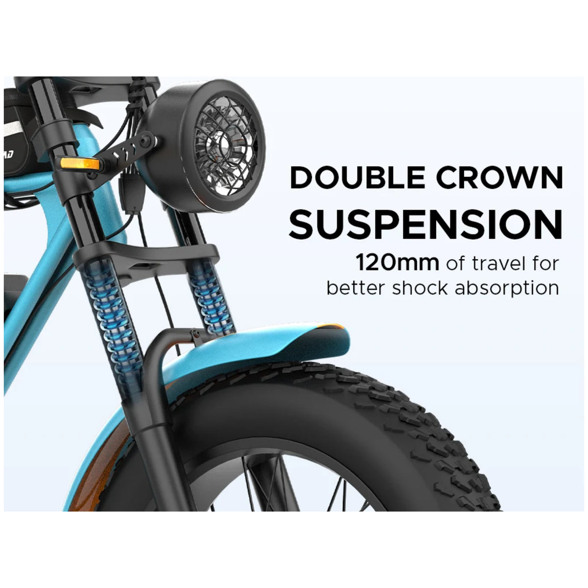 EMotorad Ranger blue e-bike double crown suspension with 120 mm travel