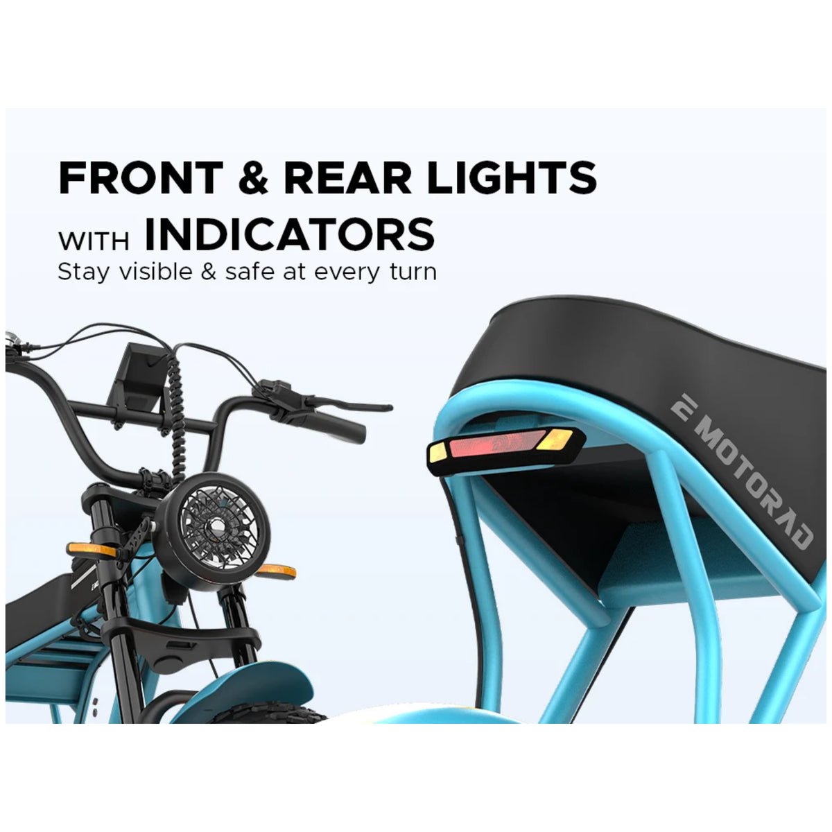 EMotorad Ranger blue electric bike front and rear lights with indicators