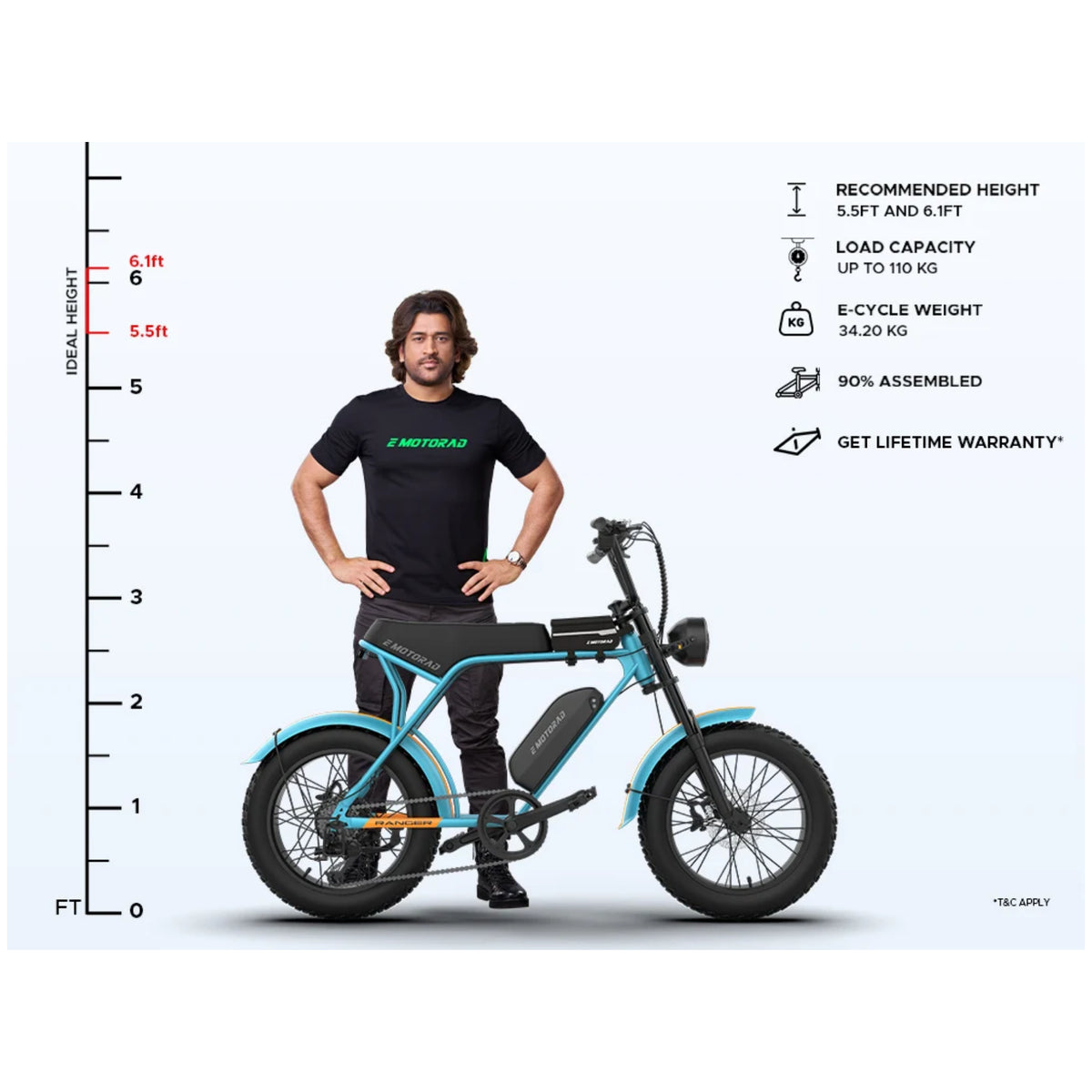 EMotorad Ranger blue e-bike recommended rider height and size chart