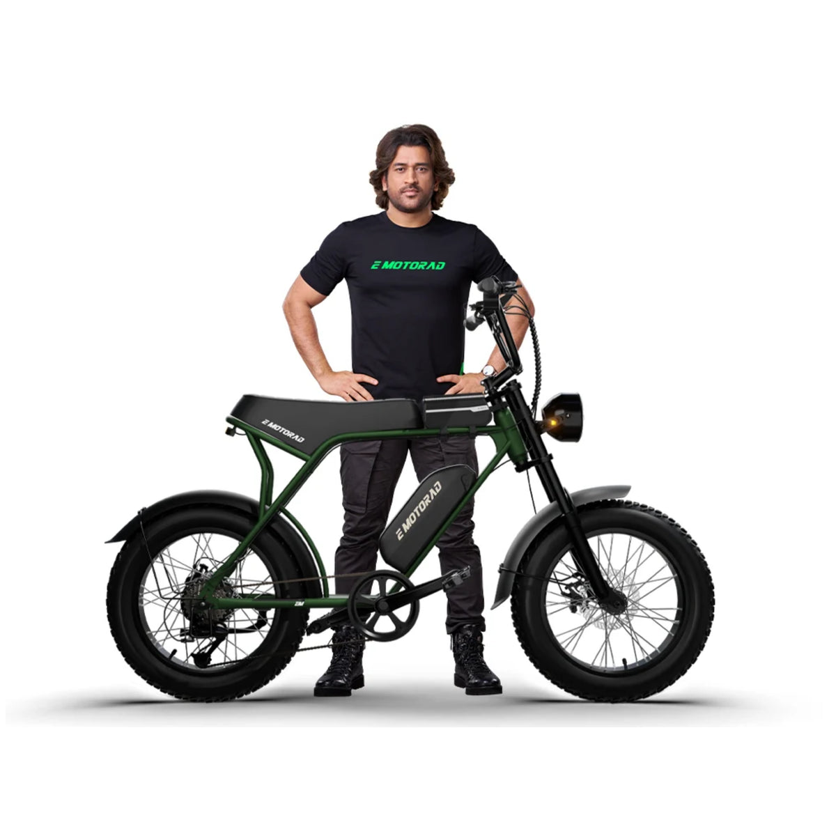 EMotorad Ranger green electric cycle with rider