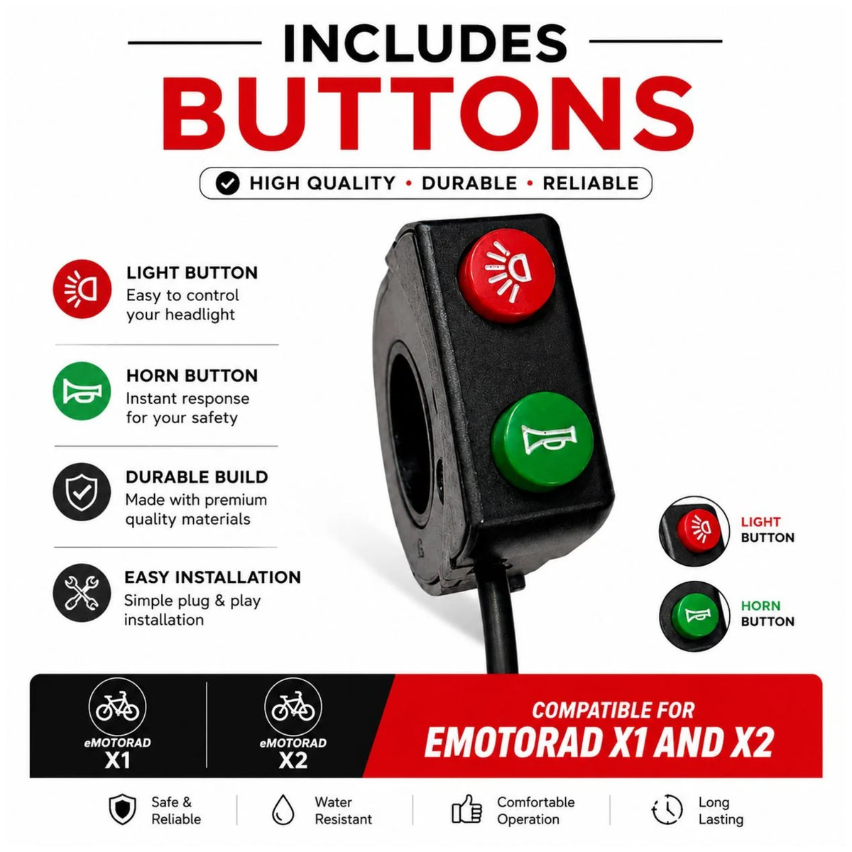 EMotorad Ray LED cycle light features with light button horn and X1 X2 compatibility