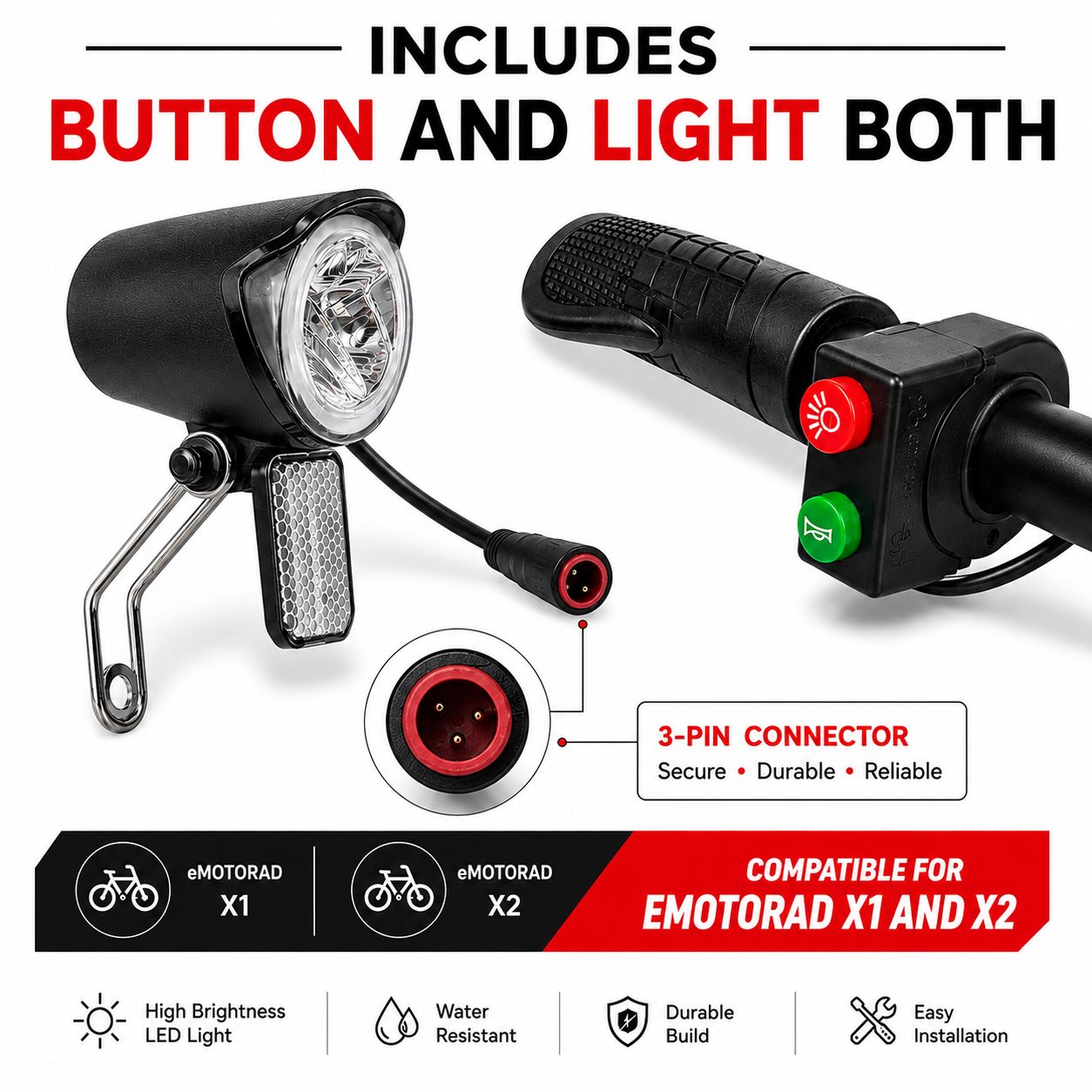 EMotorad Ray LED Headlight with Horn and Light Button Switch Combo