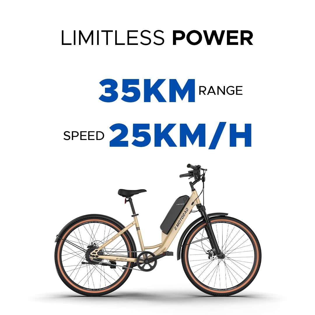 E Motorad ST-X electric cycle with 35KM range and 25KM/H top speed displayed

