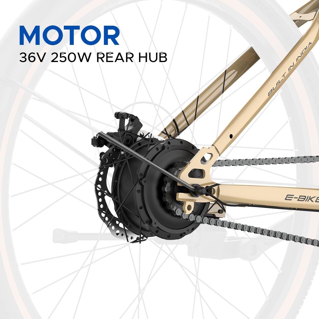 Close-up of 36V 250W rear hub motor on EMotorad ST-X electric cycle

