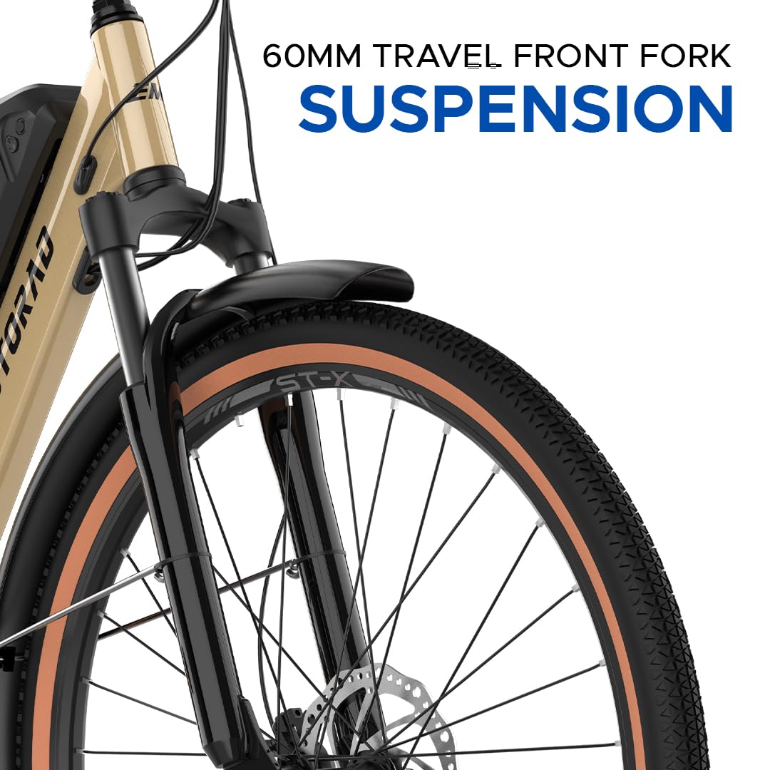 Close-up of 60mm front fork suspension on EMotorad ST-X electric bicycle

