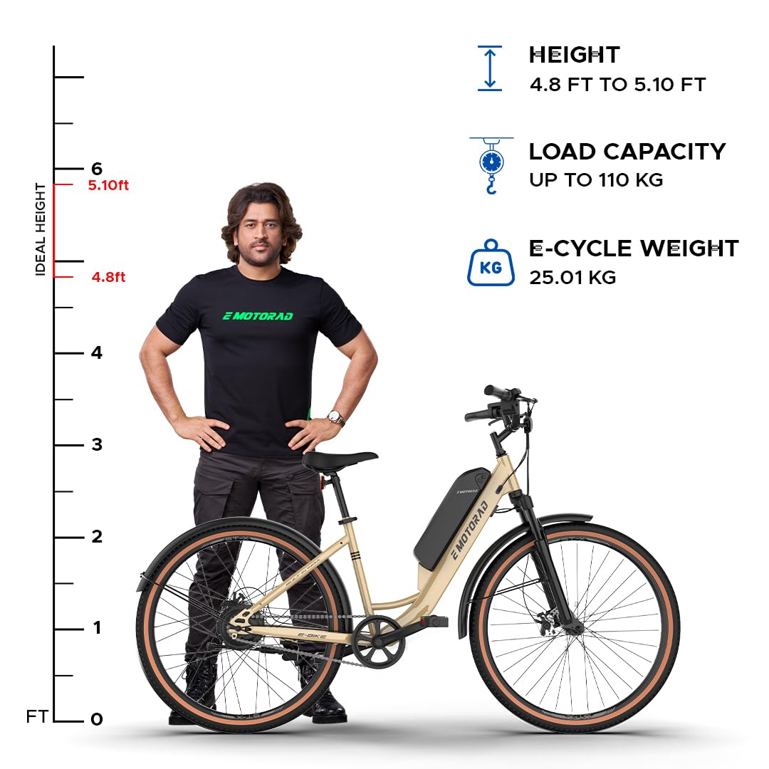 Height, load capacity, and weight chart for E Motorad ST-X electric cycle with brand ambassador

