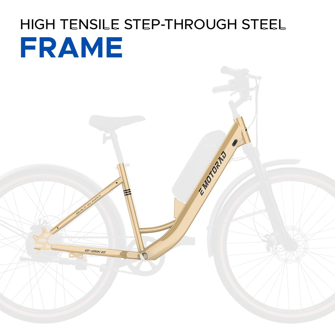High tensile step-through unisex steel frame of EMotorad ST-X electric cycle in beige color


