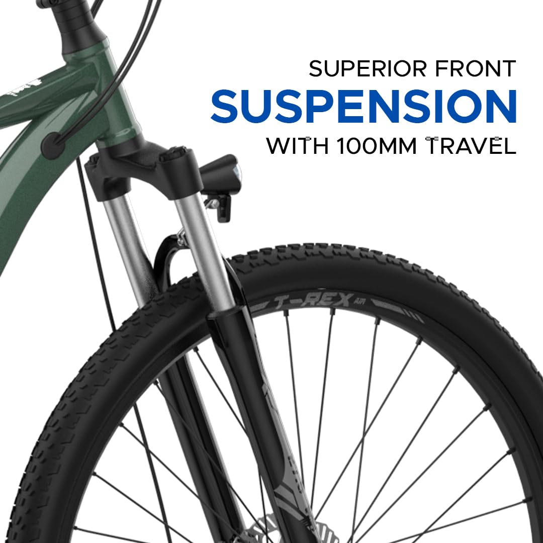 Superior front suspension with 100mm travel on EMotorad T-Rex Air electric cycle
