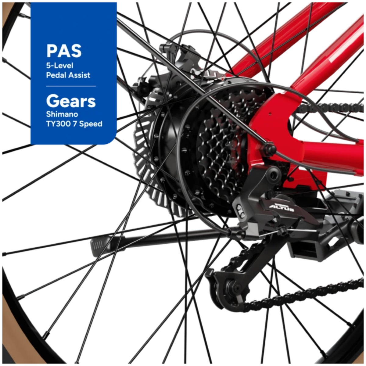 EMotorad T-Rex Air red electric cycle Shimano 7-speed gears