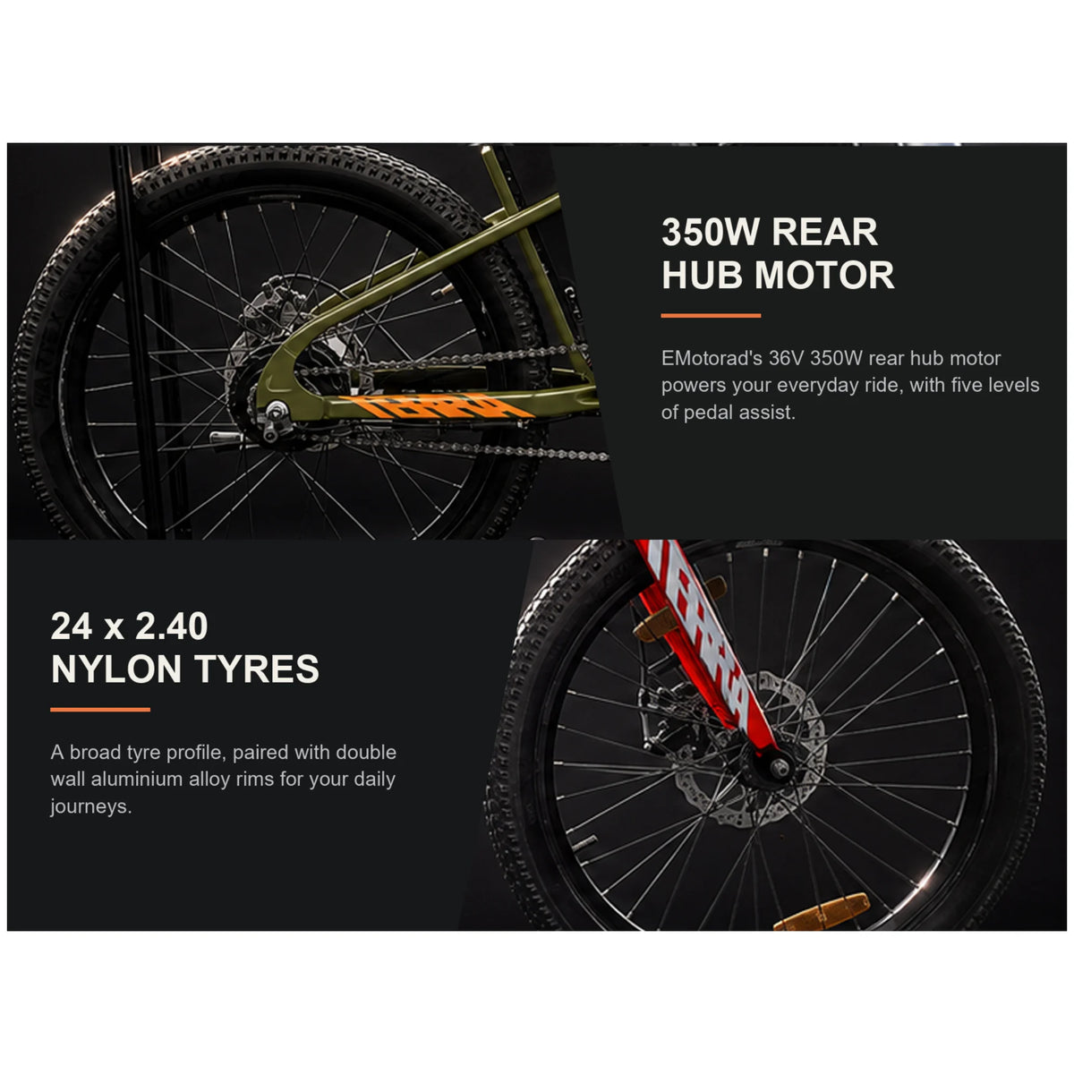 EMotorad Terra electric cycle 350W rear hub motor and 24 x 2.40-inch tyre