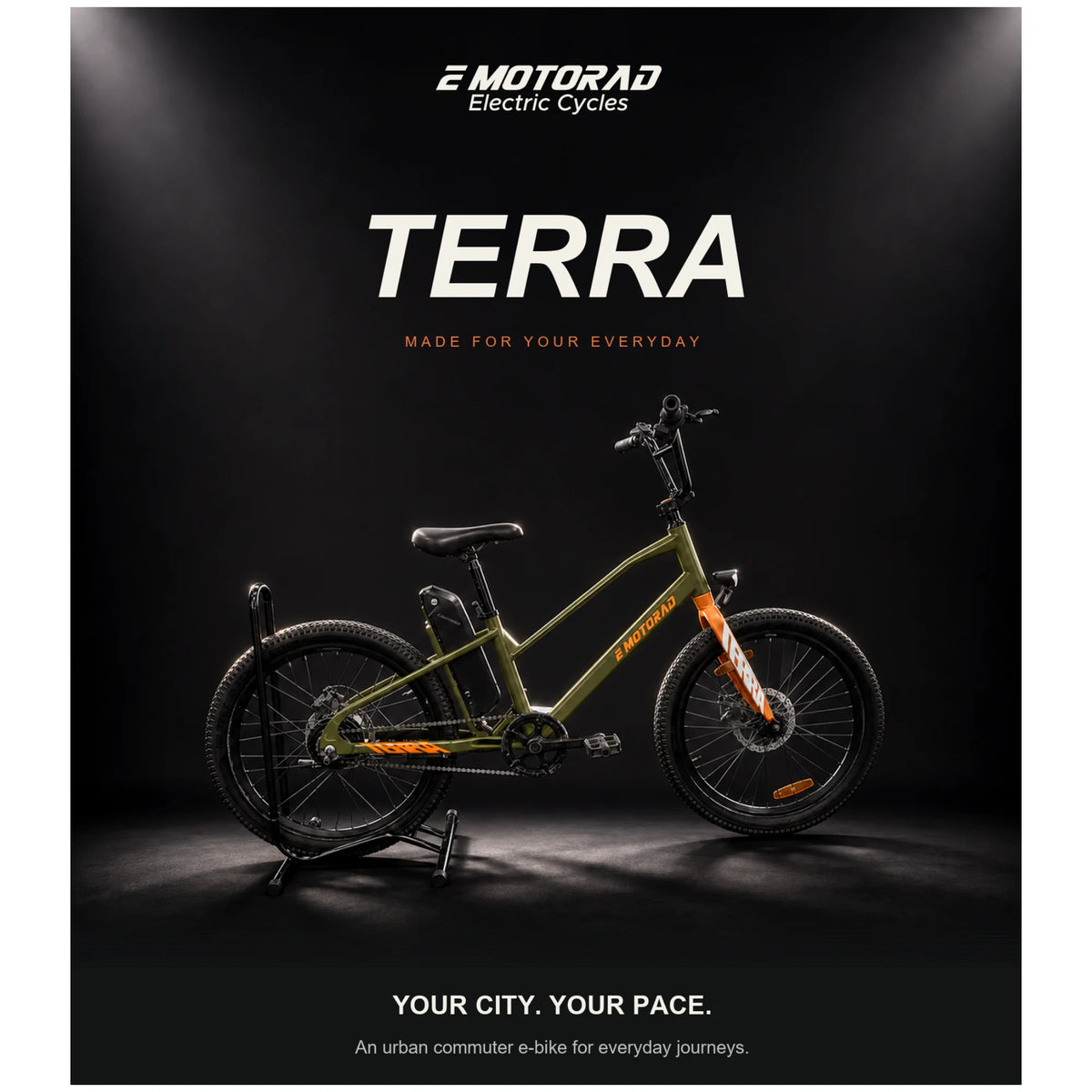 EMotorad Terra 24T electric cycle in olive green with rigid fork and single-speed drivetrain