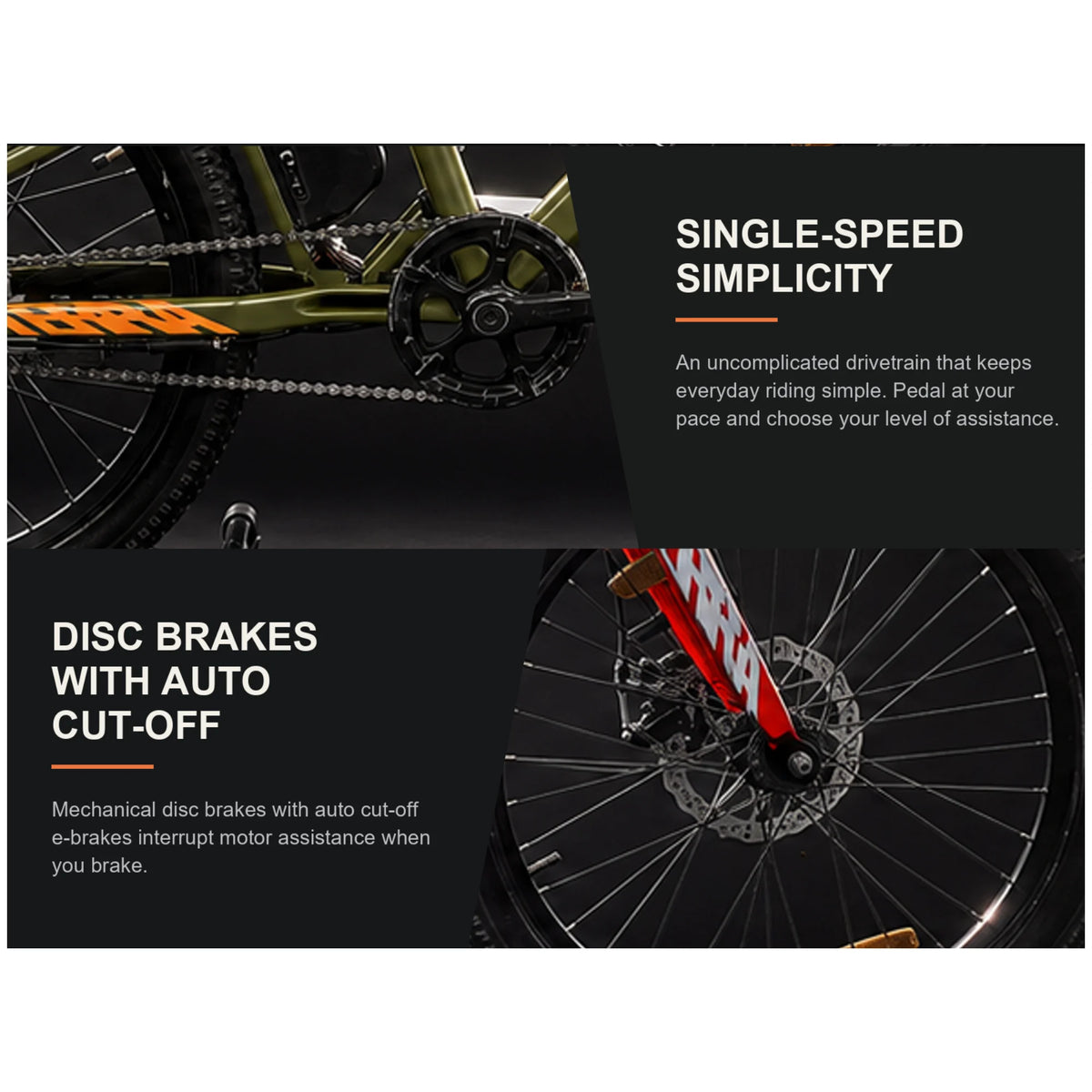 EMotorad Terra 24T electric cycle single-speed drivetrain and mechanical disc brakes