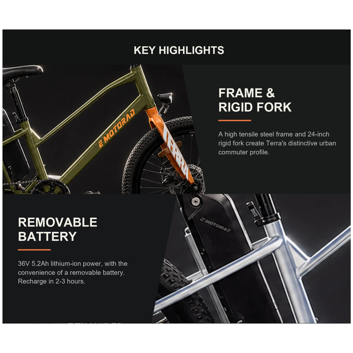 EMotorad Terra electric cycle high tensile steel frame, rigid fork and removable battery