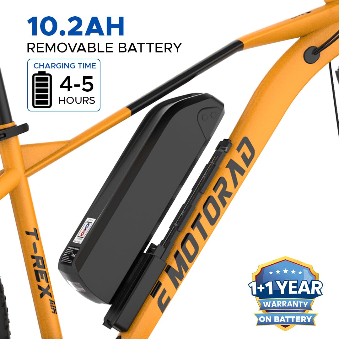 10.2Ah removable battery close up on EMotorad T Rex Air electric cycle Orange Blaze frame