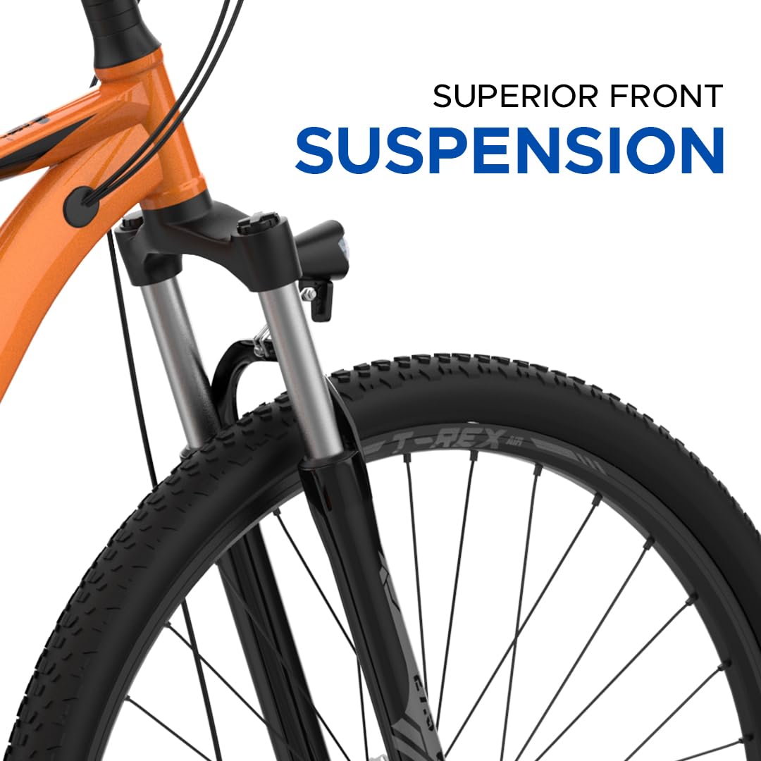 Front suspension fork close up on EMotorad T Rex Air electric mountain bike Orange Blaze color