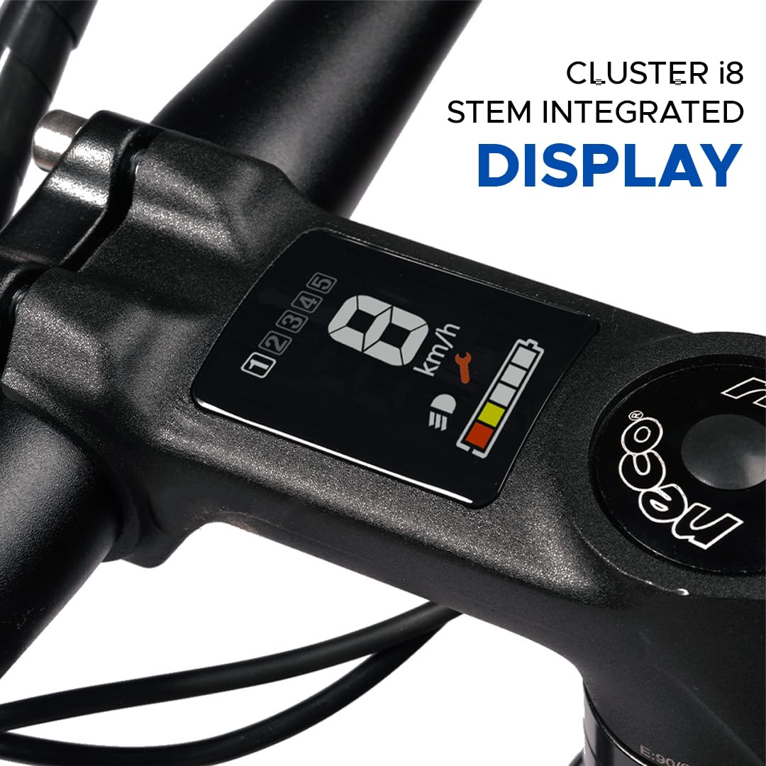 E-Motorad T-Rex+ electric cycle with Cluster i8 stem-integrated digital display showing speed, battery level, and assist mode.
