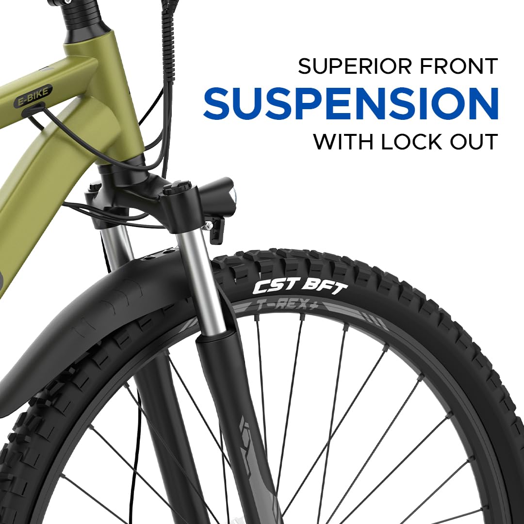 E-Motorad T-Rex+ electric cycle featuring superior front suspension with lockout for smooth rides and better control on rough terrains.