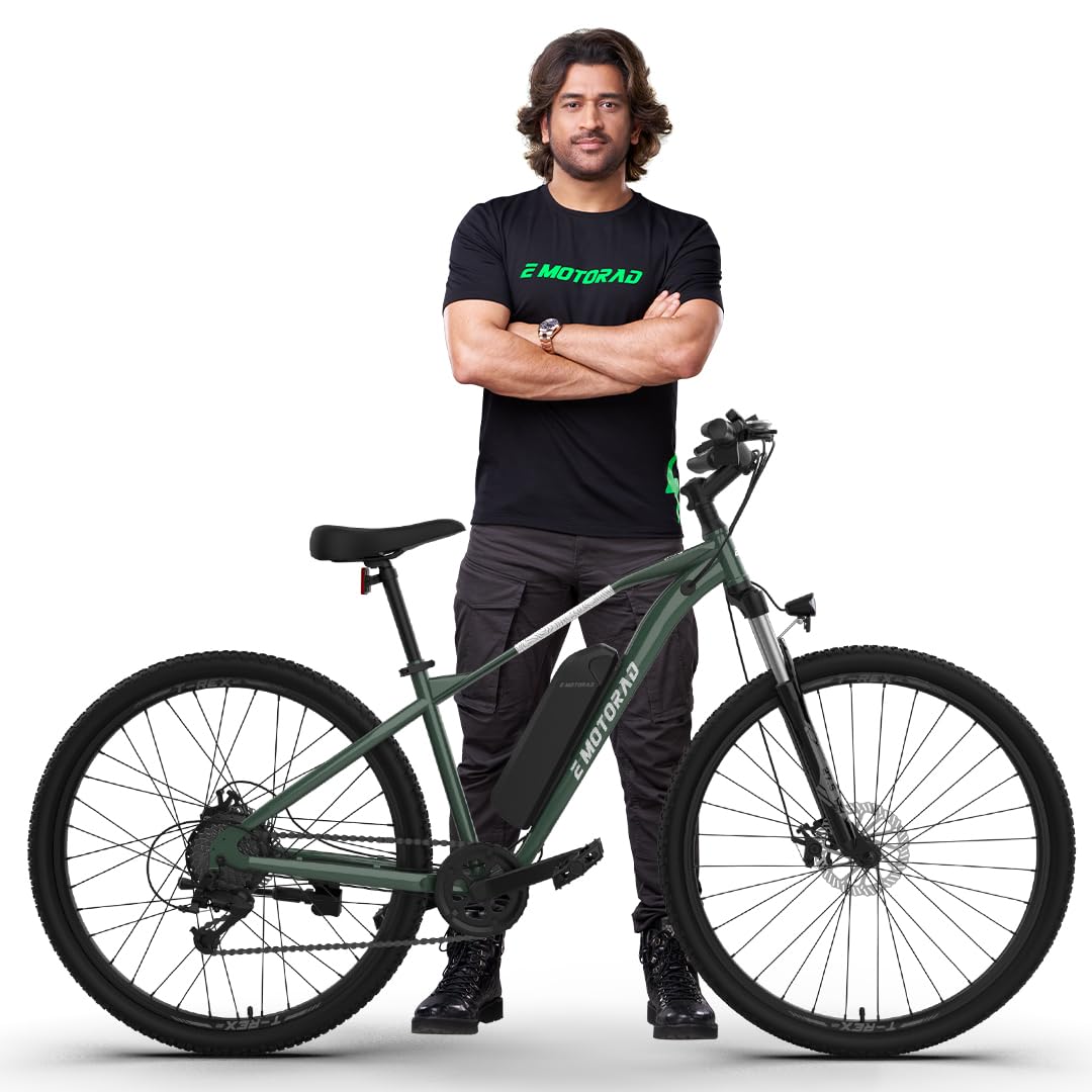E Motorad T-Rex+ Electric Cycle Forest Fury color with 250W Motor and Front Suspension, Rider View

