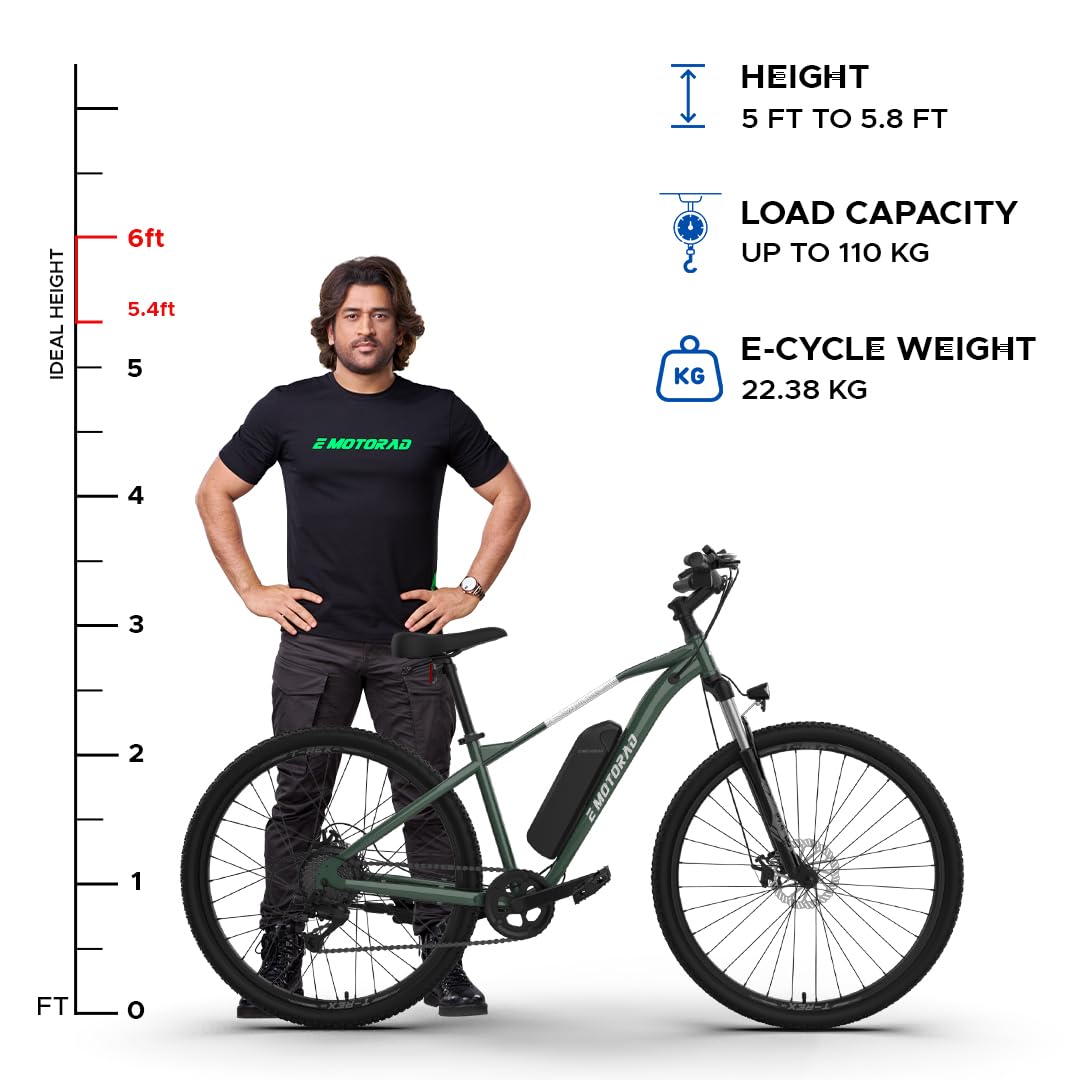 E Motorad T-Rex+ Electric Cycle Ideal Rider Height 5ft to 5.8ft, Load Capacity 110kg, Weight 22.38kg

