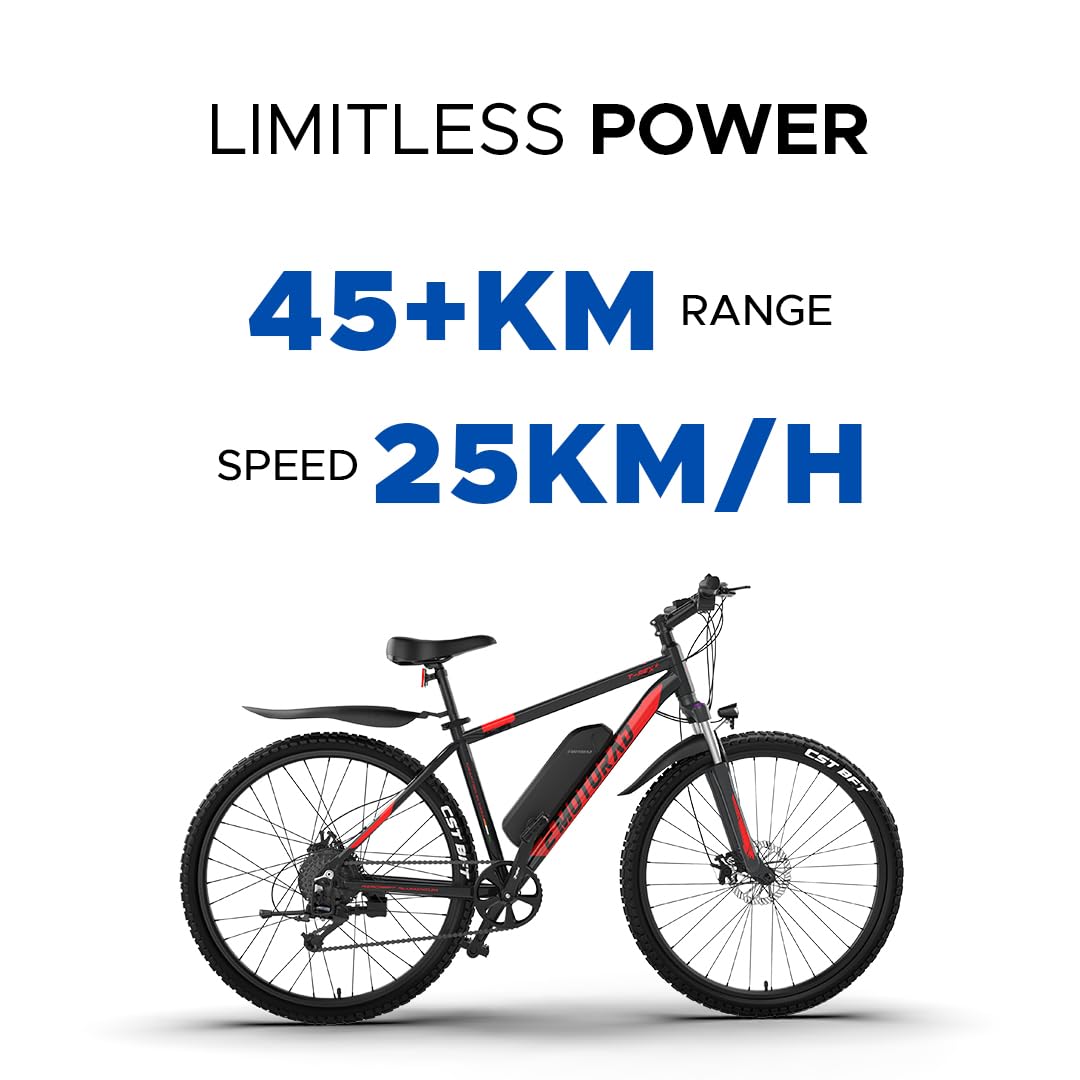 "EMotorad TRex+ electric cycle showcasing 45+ KM range and 25 KM/H speed with CST tires and powerful battery."

