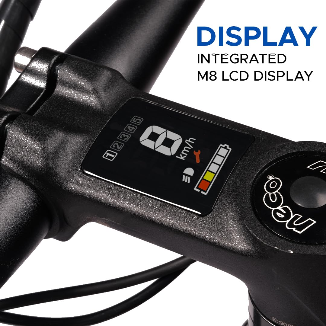 "Close-up of EMotorad TRex+ electric cycle’s integrated M8 LCD display showing speed, battery, and PAS level."

