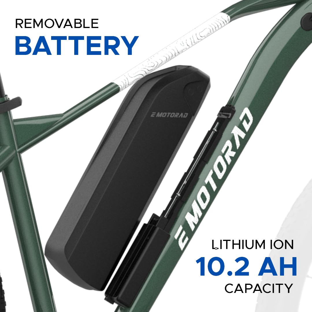 E Motorad T-Rex+ Electric Cycle – 10.2Ah Removable Lithium-Ion Battery Mounted on Alloy Frame

