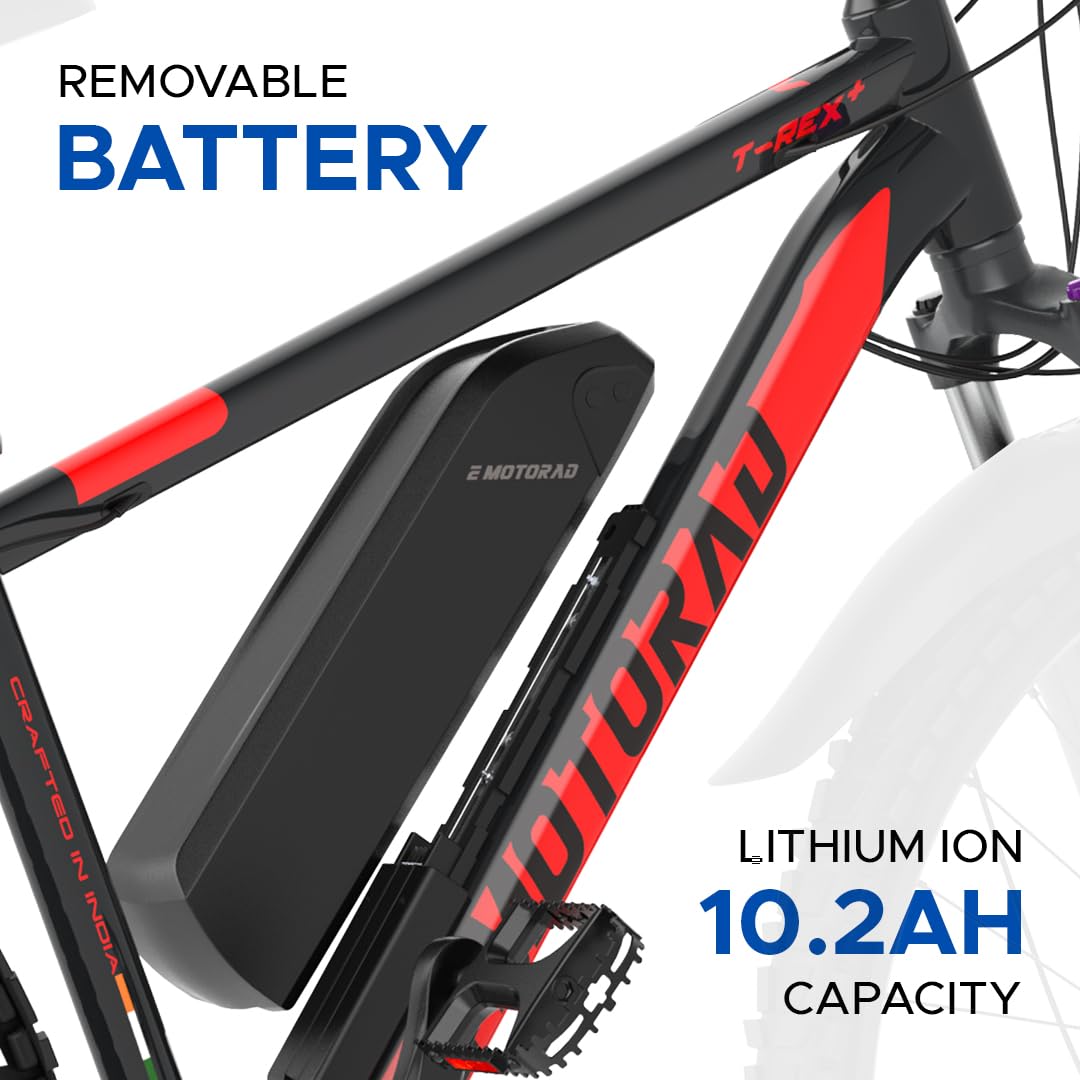 "EMotorad TRex+ electric cycle with removable 36V 10.2Ah lithium-ion battery mounted on alloy frame."

