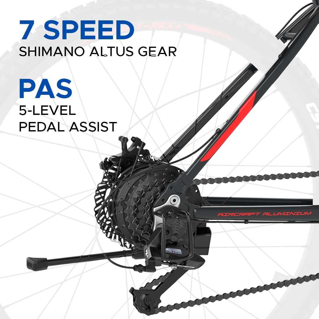 "Rear view of EMotorad TRex+ electric cycle showing 7-speed Shimano Altus gear system and 5-level pedal assist (PAS) motor."

