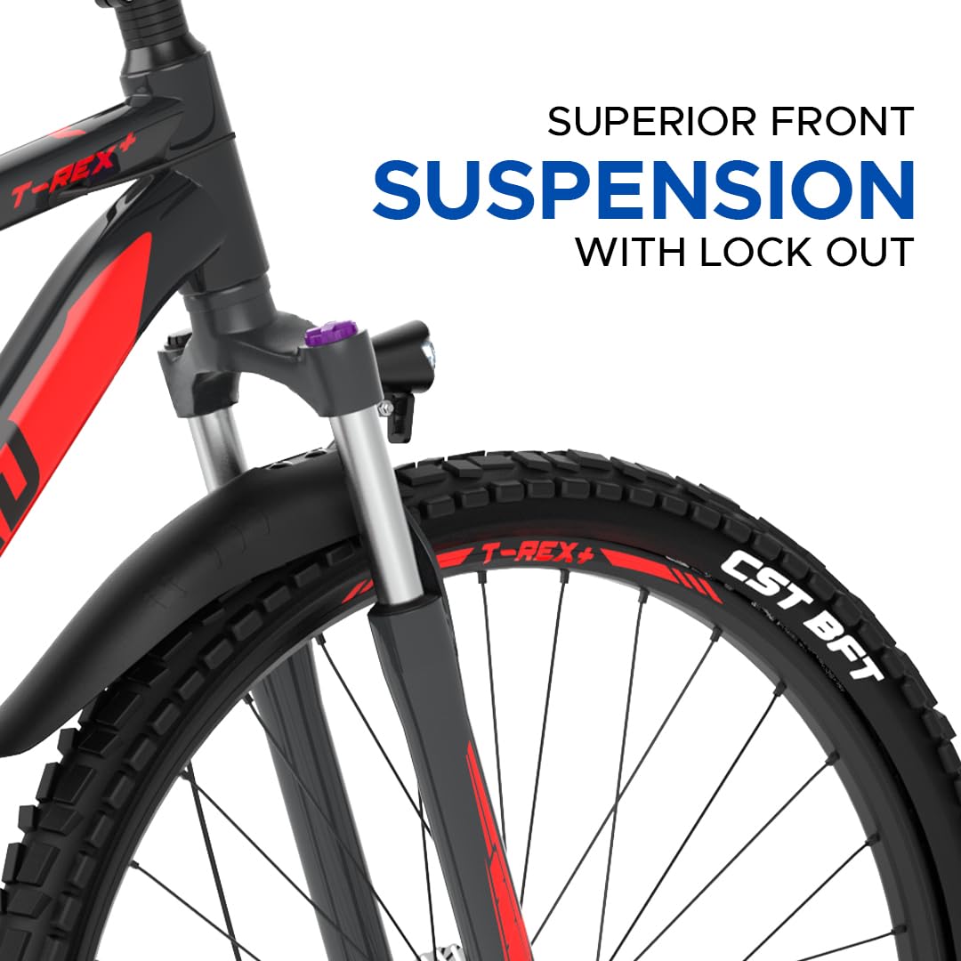 "EMotorad TRex+ electric cycle front suspension with lockout and CST BFT tire for superior ride comfort."

