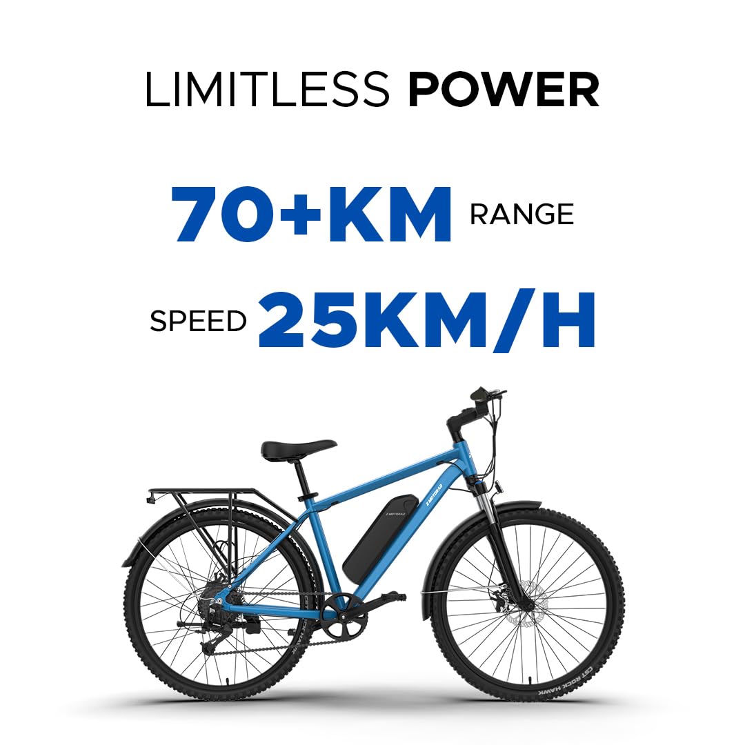 EMotorad T-Rex Pro e-bike in Ocean Blue with 70+ km range and 25 km/h top speed displayed on white background
